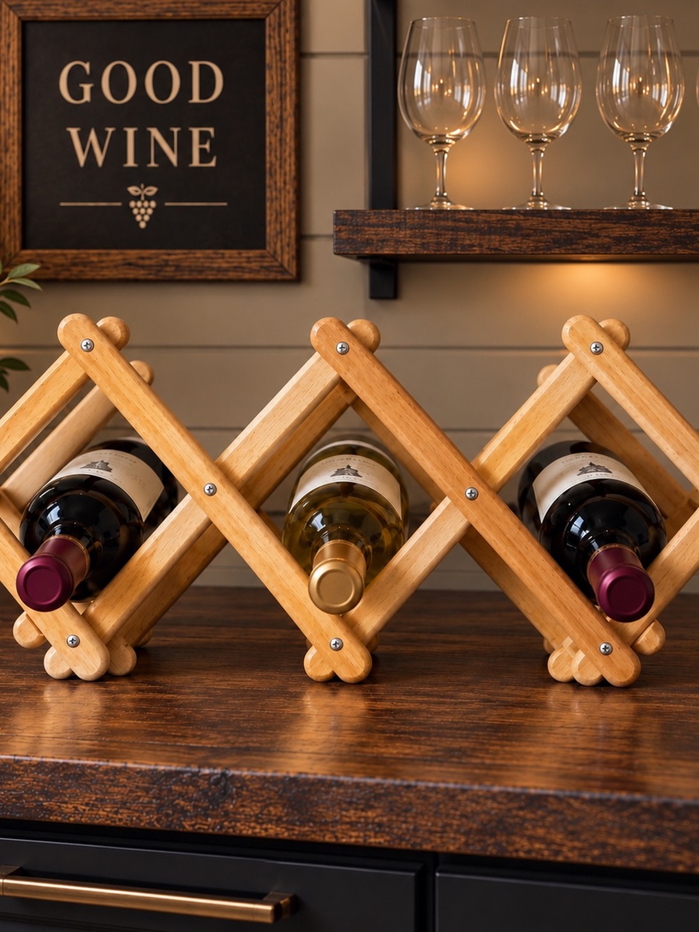 MCM Vintage Expandable Accordion Wine Rack - Natural Wood Wine Bottle Holder